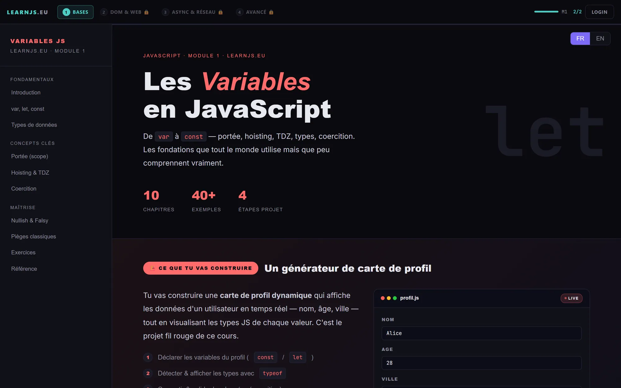 Cours « Les variables en JavaScript » avec sommaire latéral et démo du mini-projet