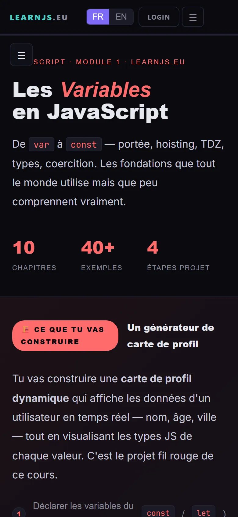 Cours sur les variables, vue mobile