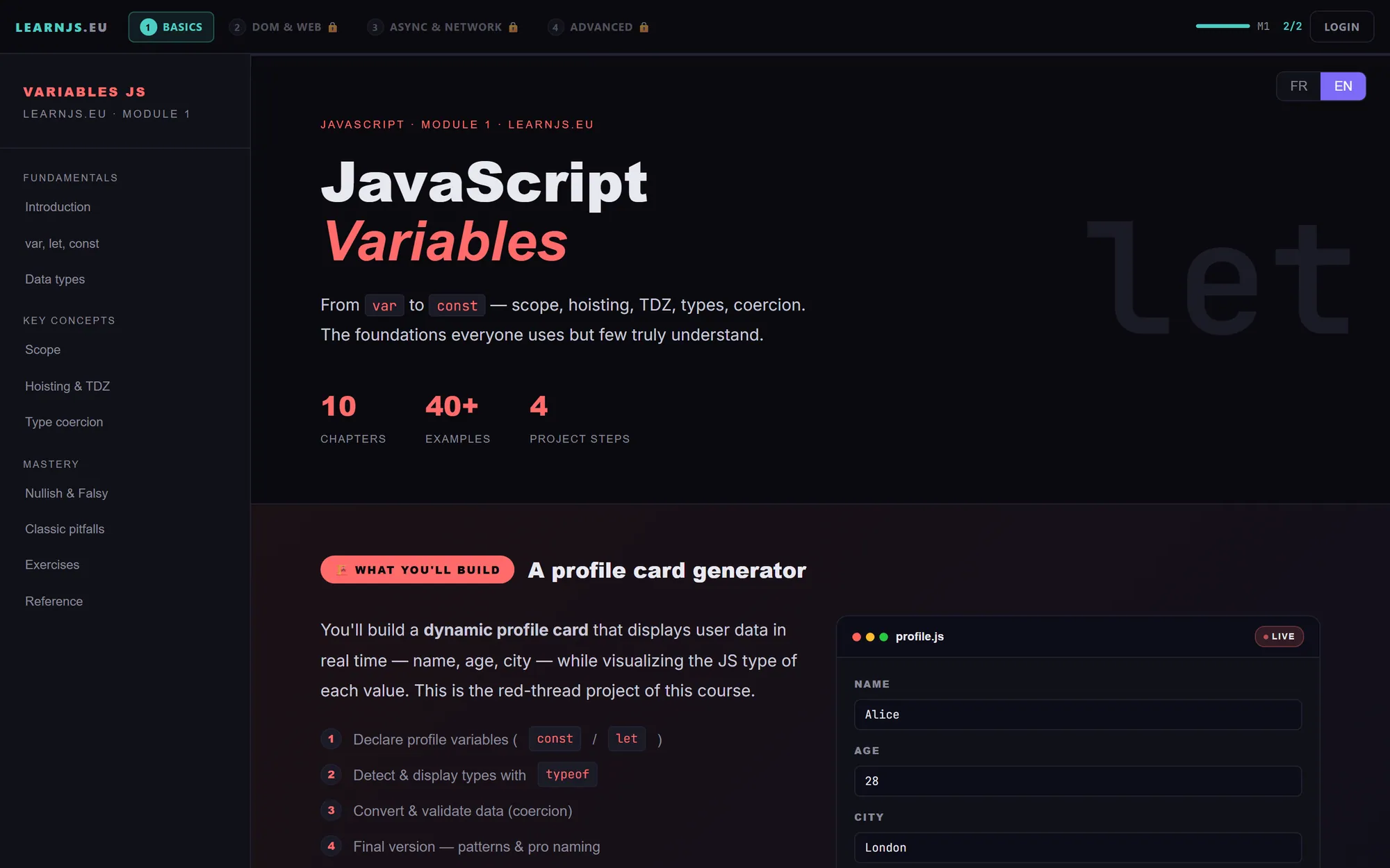 "JavaScript Variables" course with side navigation and mini-project demo