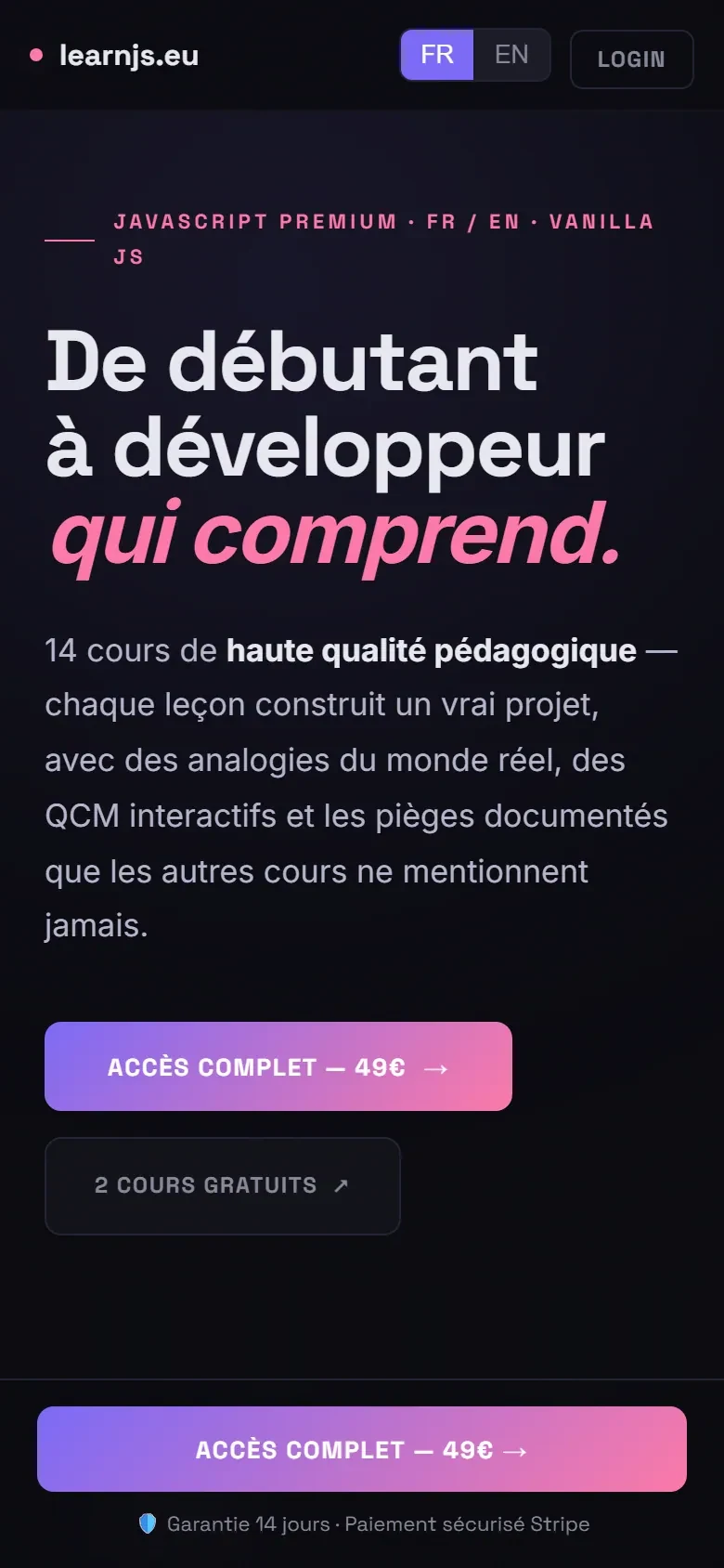 Page d'accueil learnjs.eu sur mobile