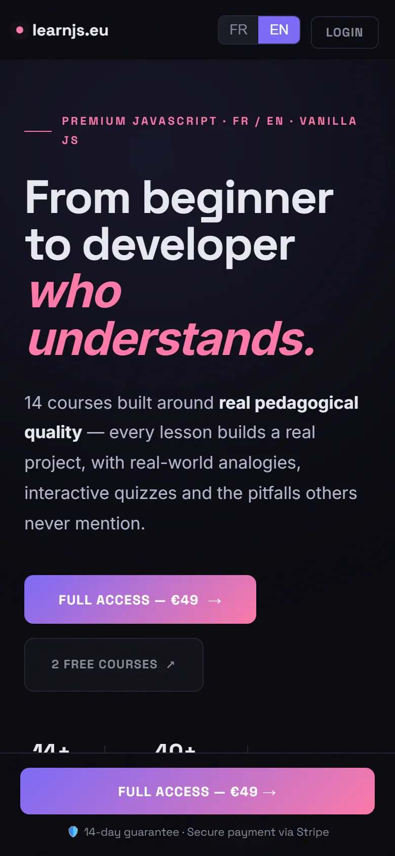 learnjs.eu landing page on mobile