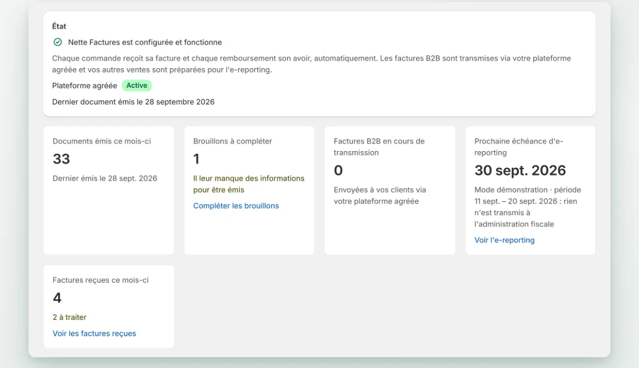 Tableau de bord : état de la facturation, brouillons à compléter et prochaine échéance d'e-reporting