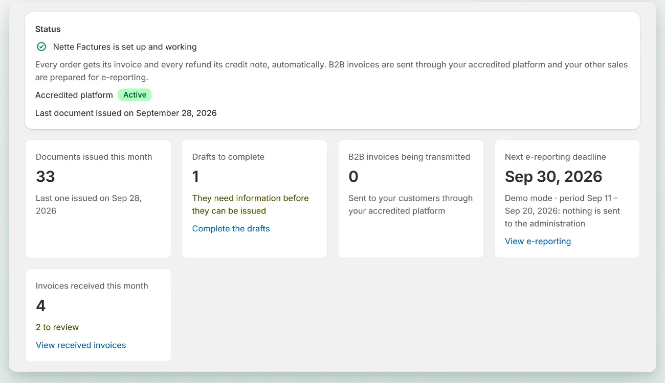 Dashboard: invoicing status, drafts to complete and next e-reporting deadline