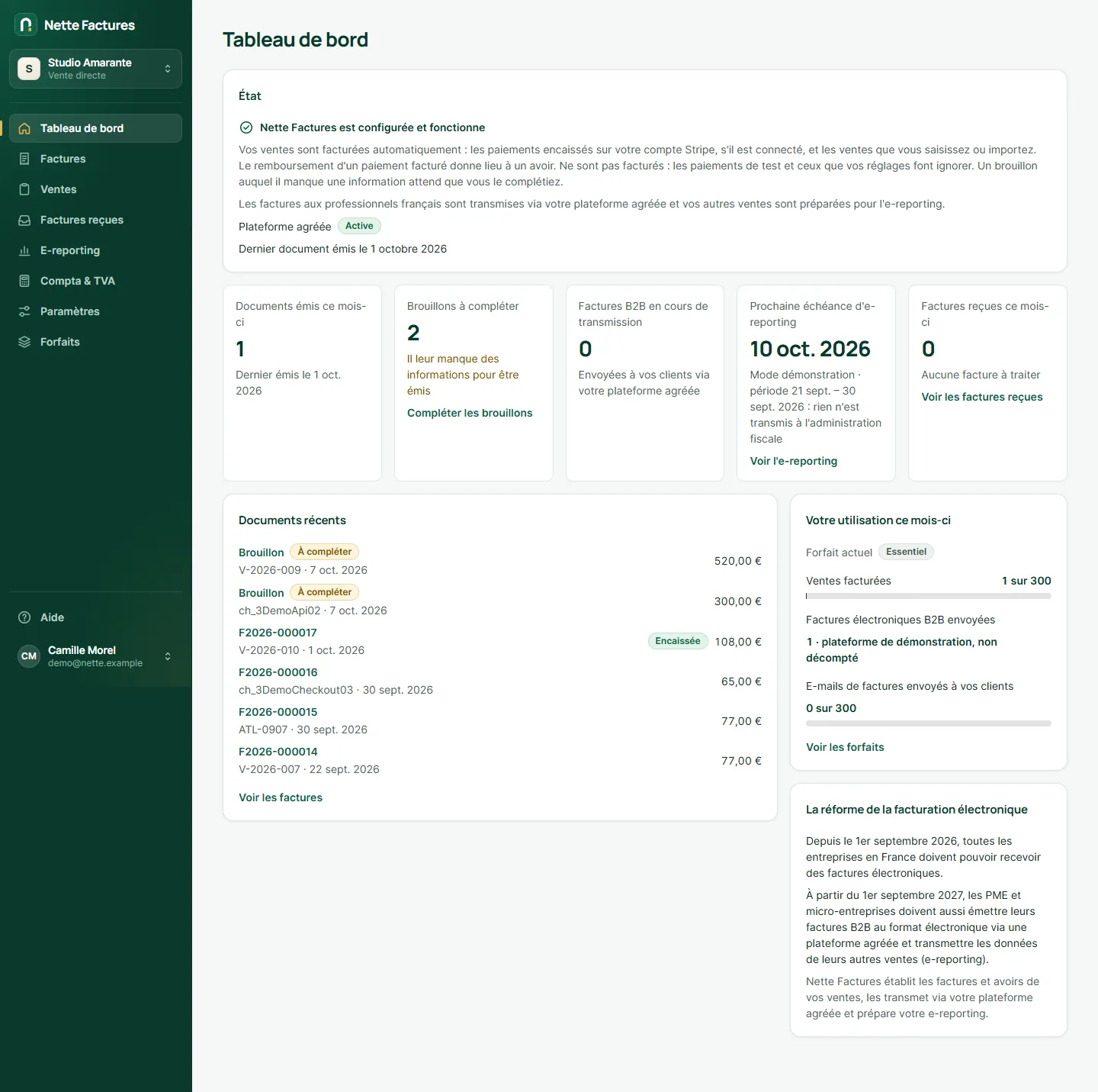 Web app « vente directe » de Nette Factures : tableau de bord avec documents récents et utilisation du forfait