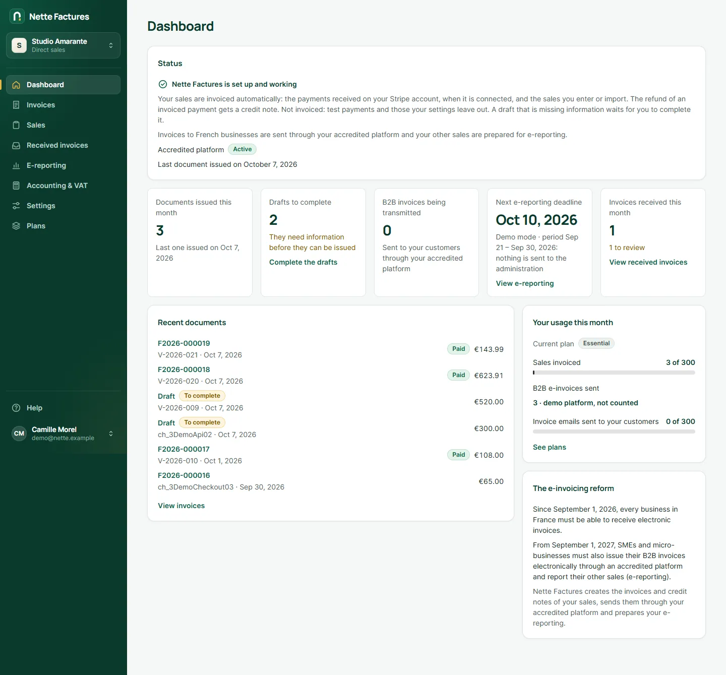 Nette Factures "direct sales" web app: dashboard with recent documents and plan usage
