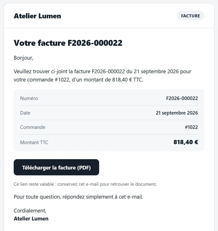 E-mail de facture envoyé au client final avec lien de téléchargement