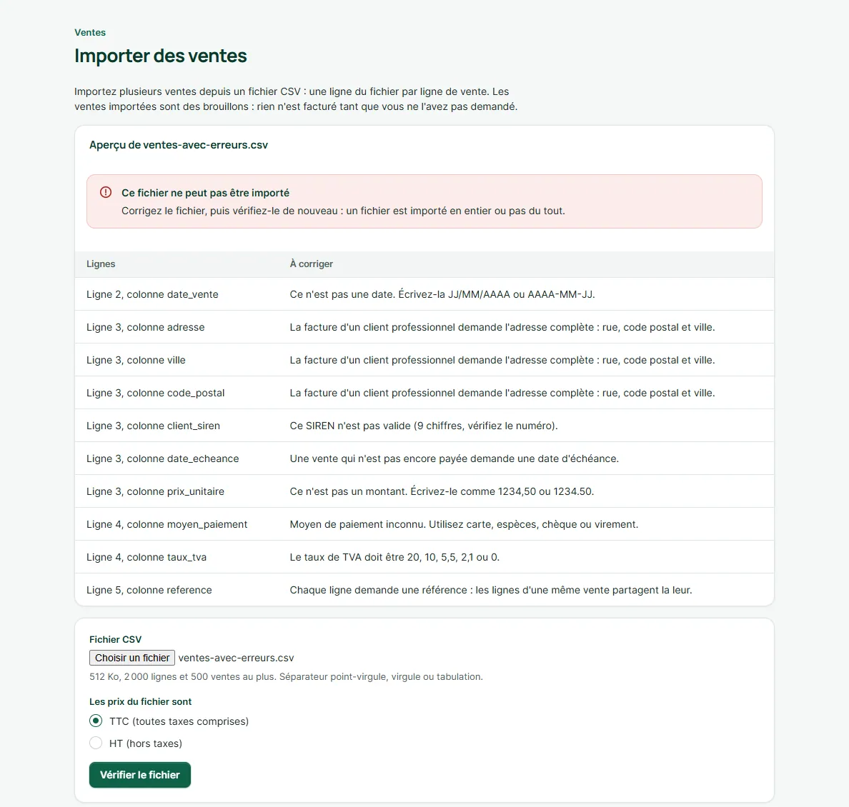 Import CSV refusé : liste des erreurs ligne par ligne (date, SIREN, adresse, TVA)