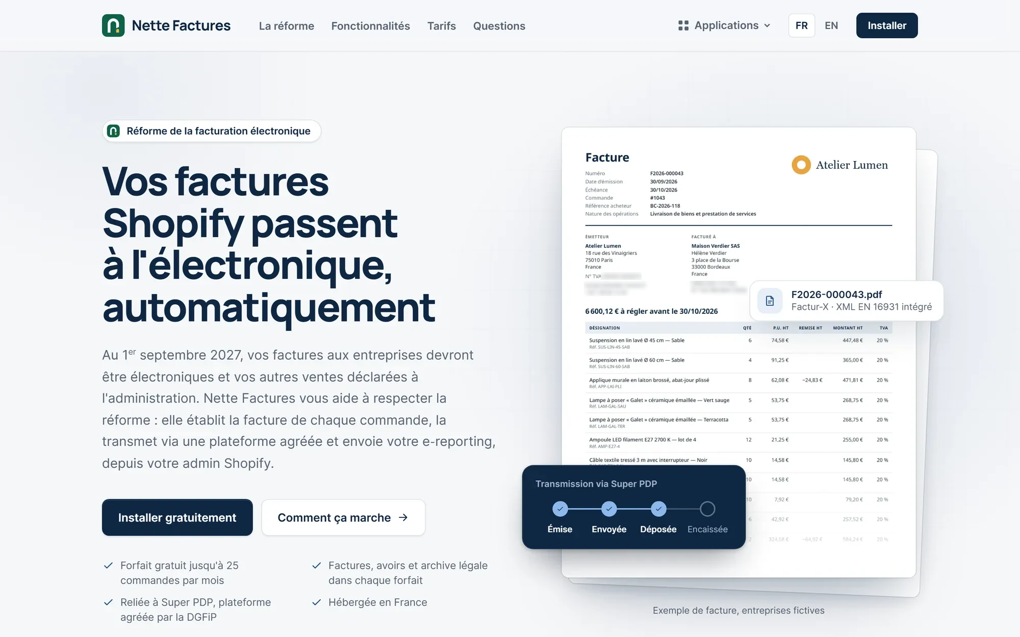 Page d'accueil de factures.usenette.com : « Vos factures Shopify passent à l'électronique, automatiquement »