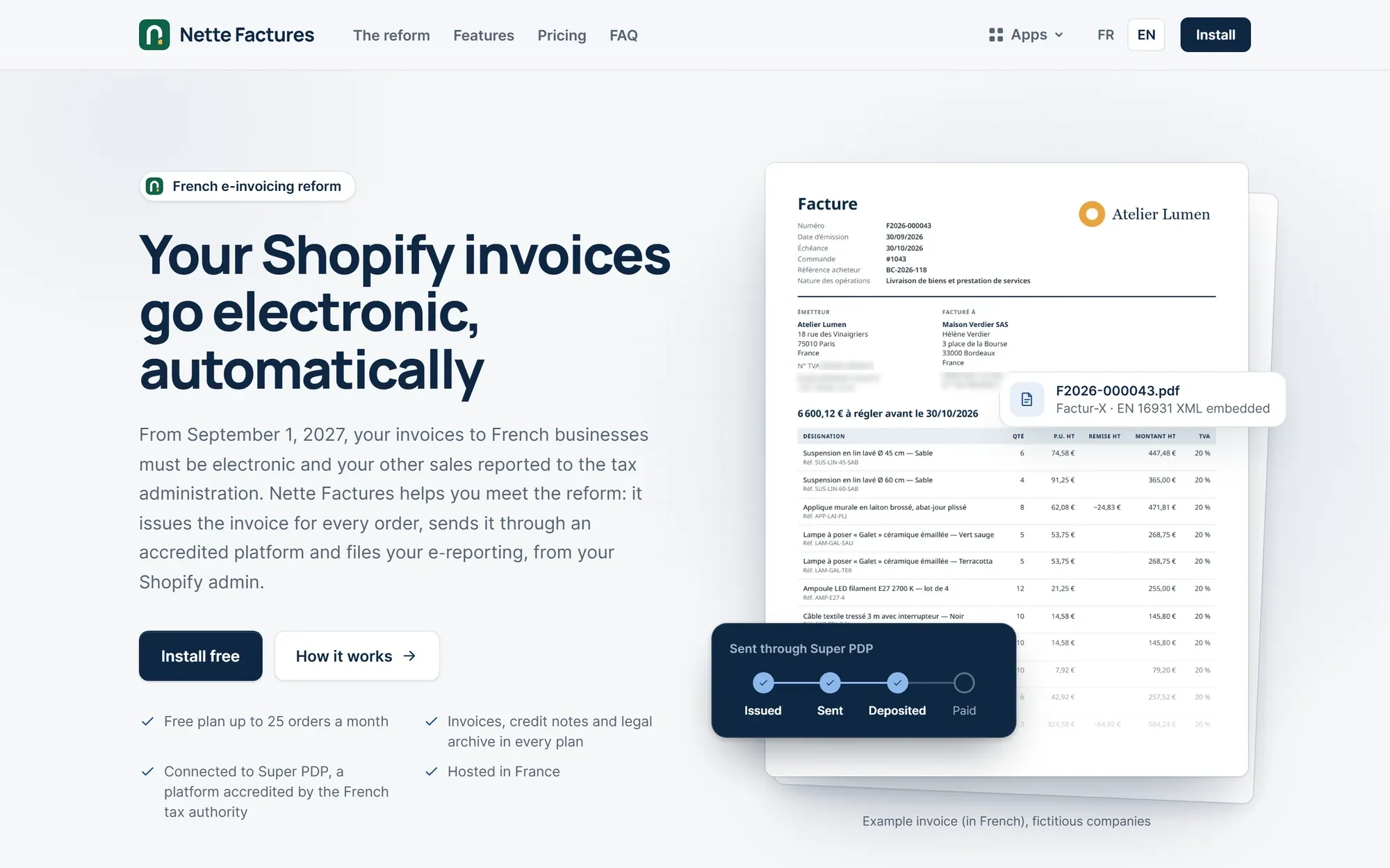 factures.usenette.com landing page: "Your Shopify invoices go electronic, automatically"