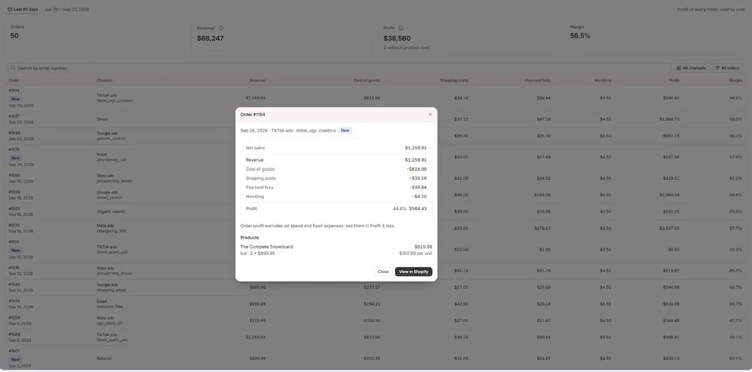 Orders list with the cost breakdown of a single order
