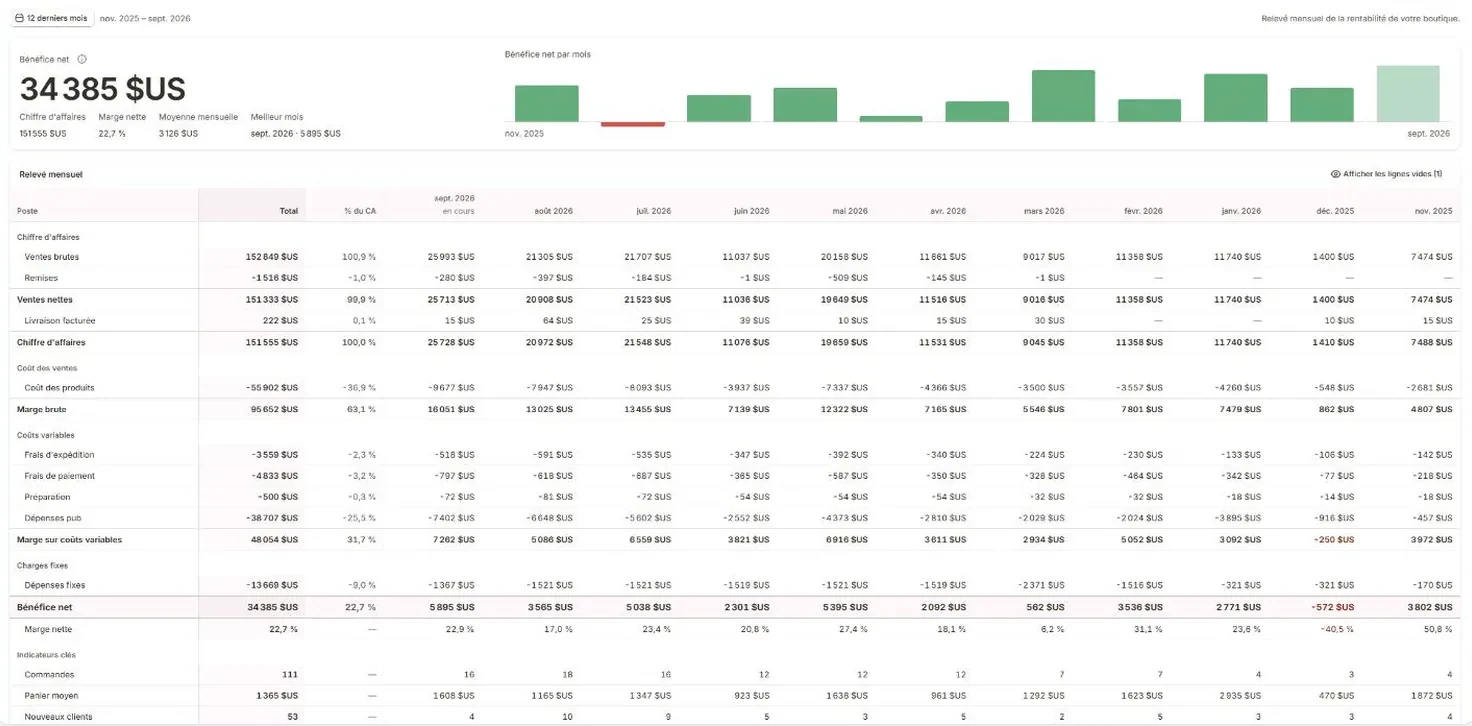 Compte de résultat mensuel sur 12 mois avec graphique du bénéfice net par mois