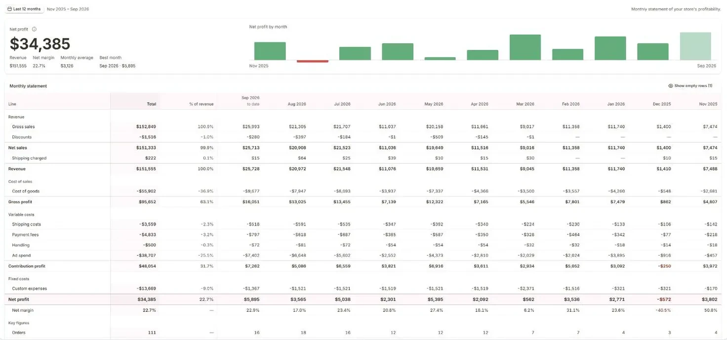 Monthly P&L over 12 months with a net-profit-by-month chart