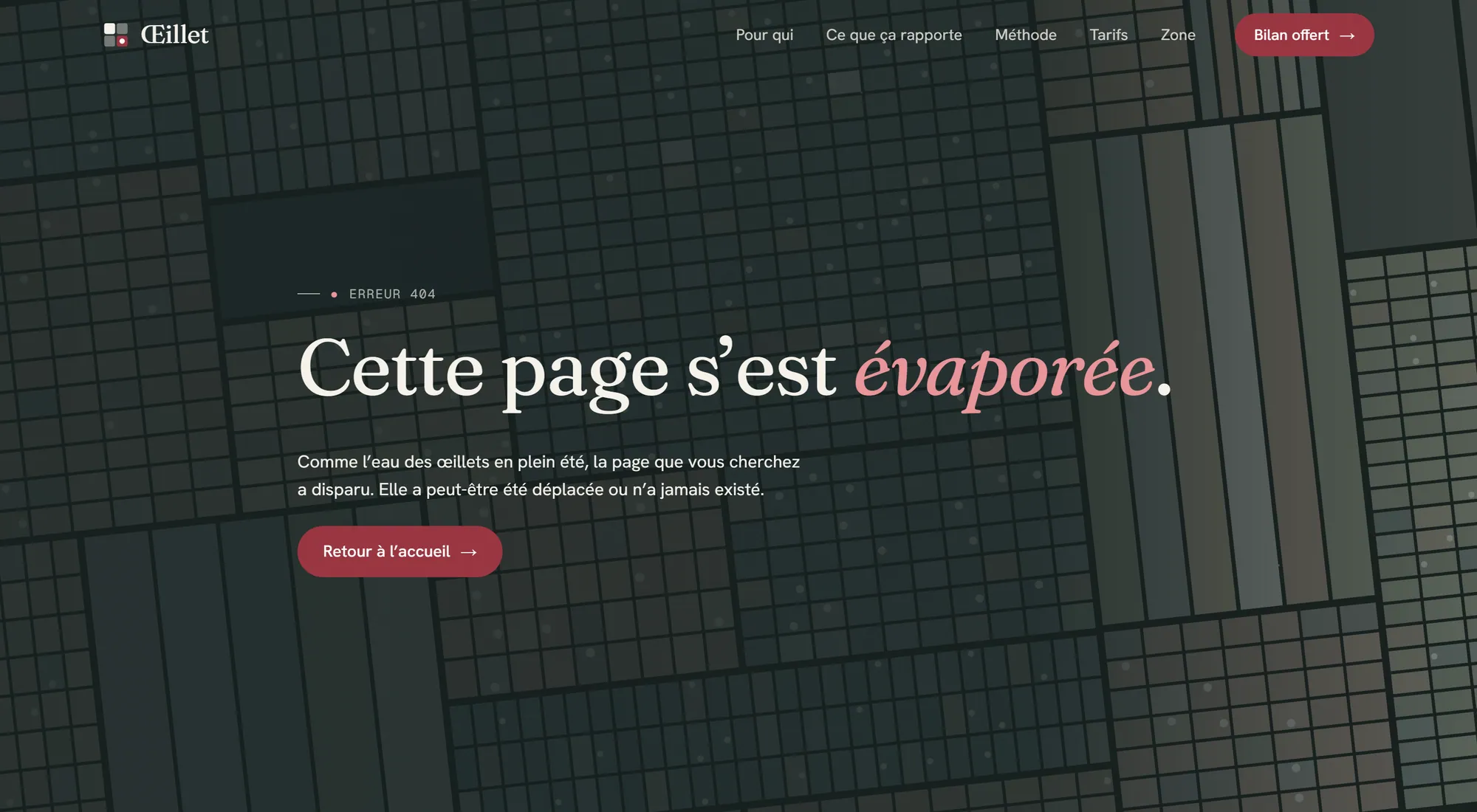 Page 404 « Cette page s'est évaporée » sur une grille de marais salant générée en canvas