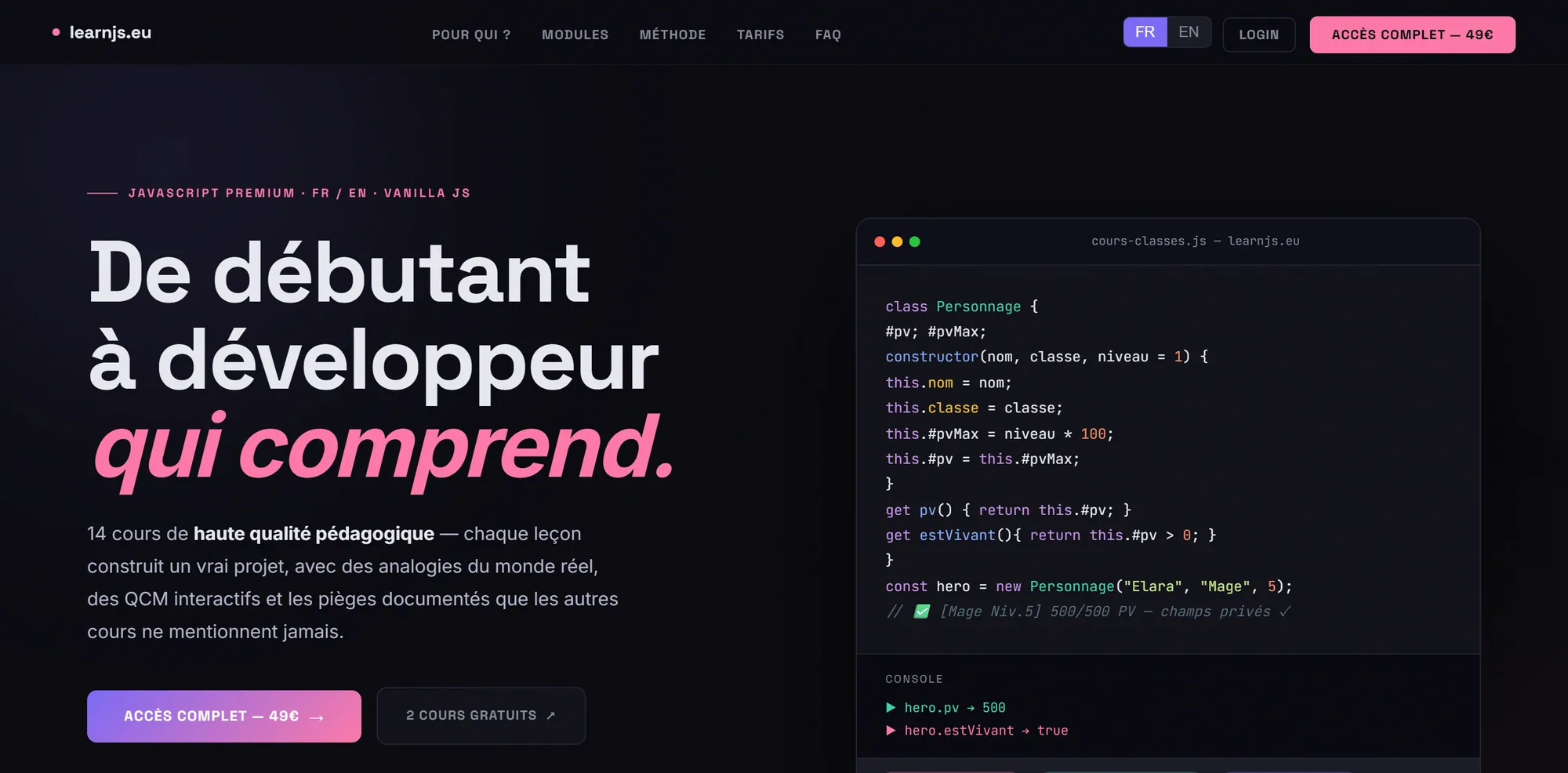 Page d'accueil learnjs.eu : « De débutant à développeur qui comprend »