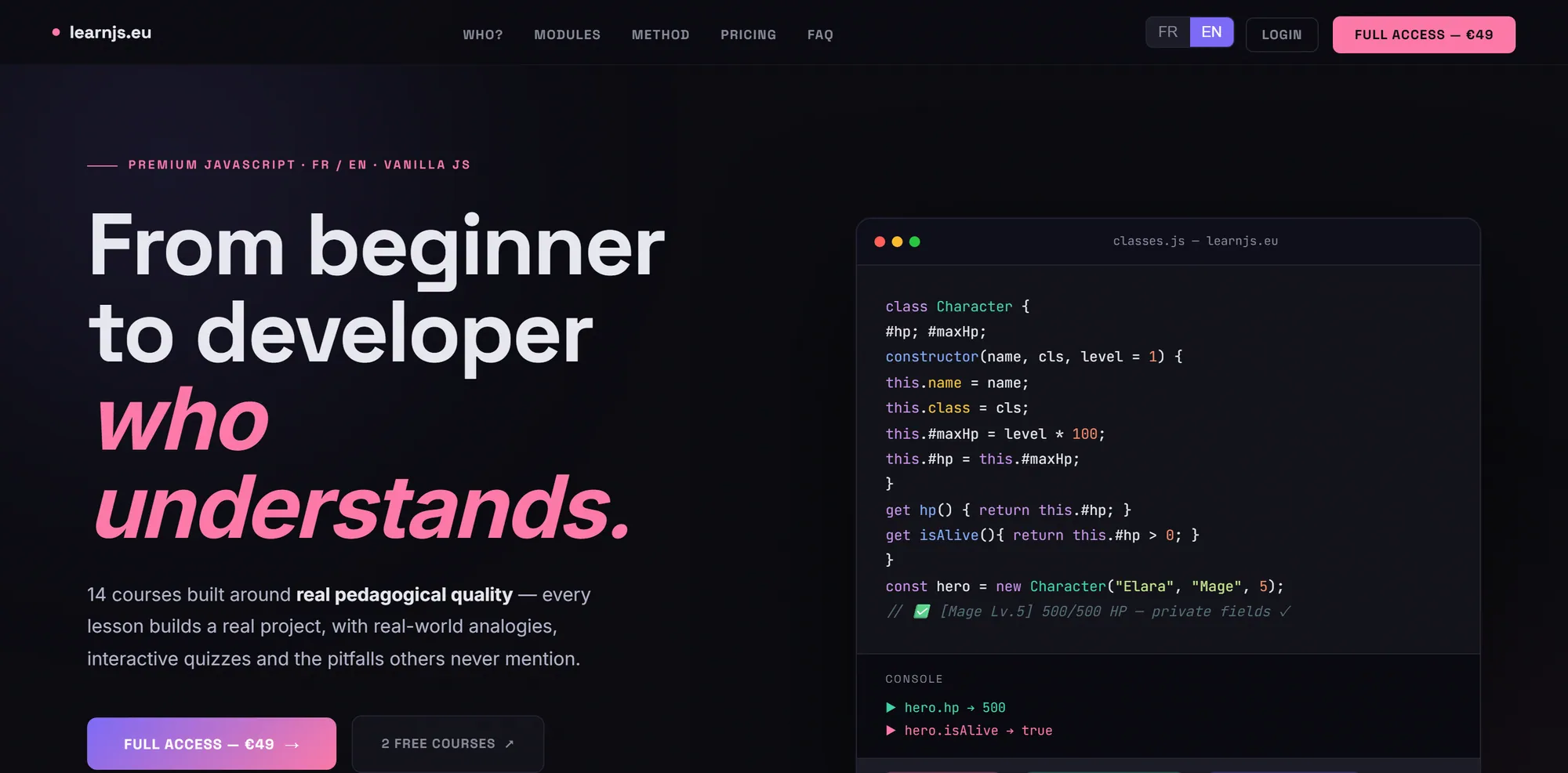 learnjs.eu landing page: "From beginner to developer who understands"