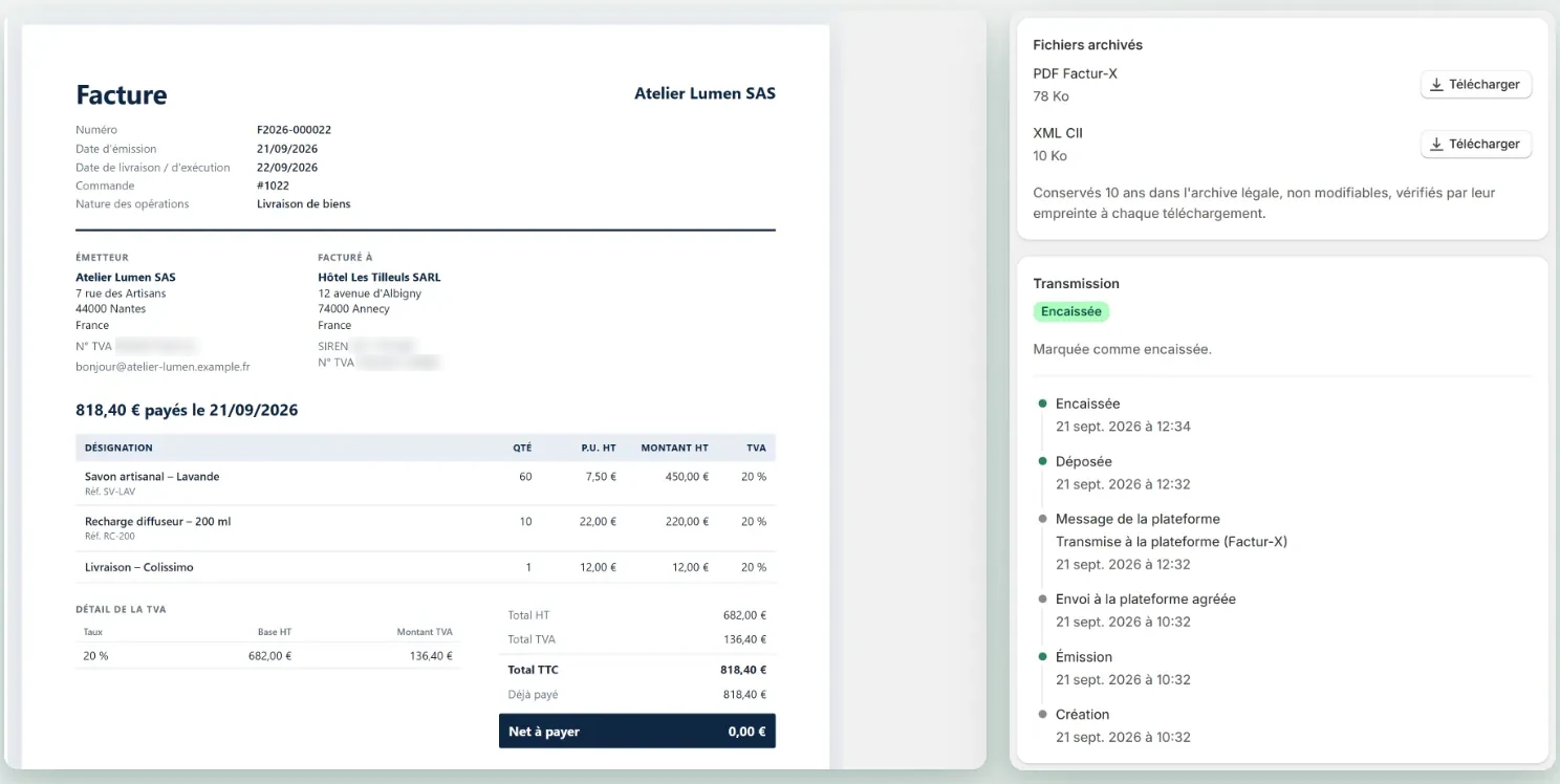 Facture Factur-X avec fichiers archivés (PDF et XML CII) et suivi de transmission
