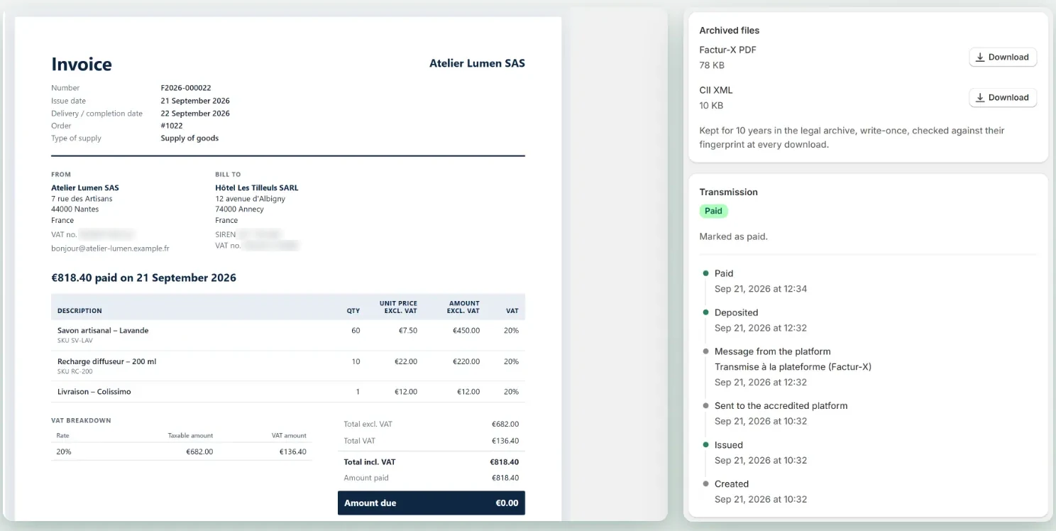Factur-X invoice with archived files (PDF and CII XML) and transmission tracking