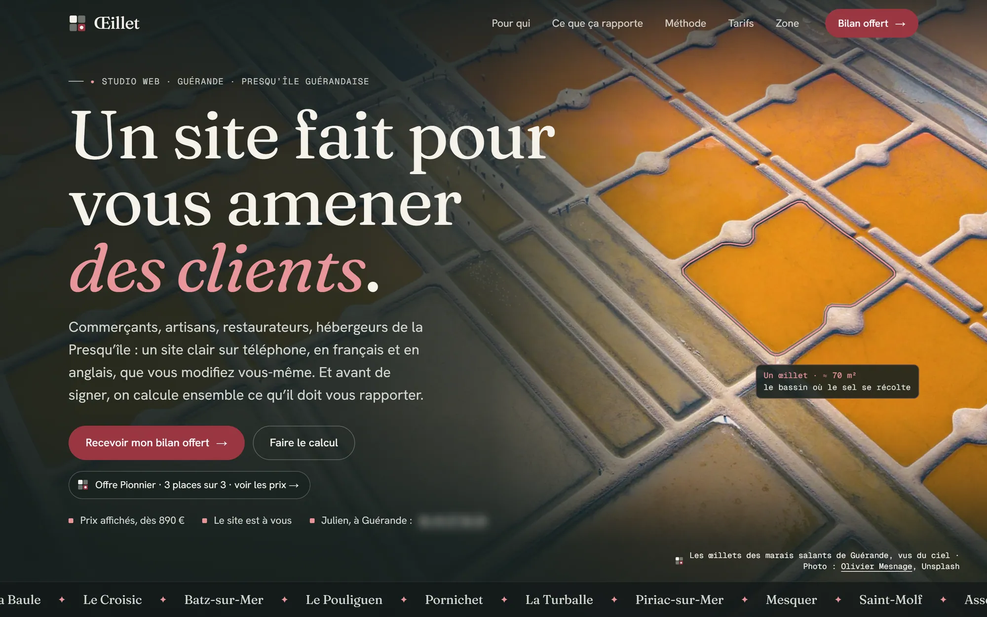 Page d'accueil de studio-oeillet.fr : « Un site fait pour vous amener des clients », sur une photo des marais salants